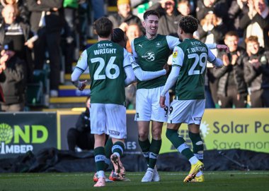 GOAL Plymouth Argyle forward Ryan Hardie  (9) celebrates a goal with /p26 and Plymouth Argyle midfielder Tyreik Wright (29) to make it 2-0    during the Sky Bet League 1 match Plymouth Argyle vs Cheltenham Town at Home Park, Plymouth, United Kingdom,