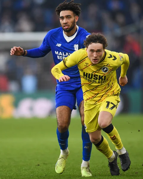 Callum Styles #17 of Millwall under pressure from Kion Etete #9 of Cardiff City during the Sky Bet Championship match Cardiff City vs Millwall at Cardiff City Stadium, Cardiff, United Kingdom, 21st January 202