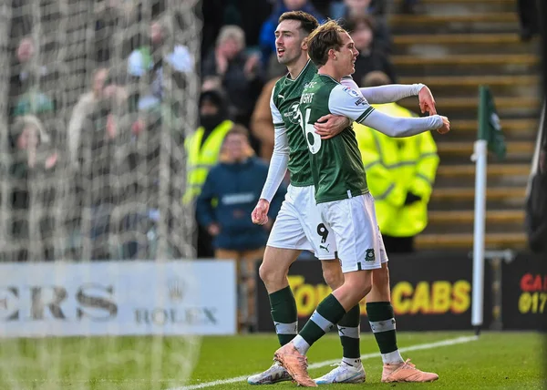 GOAL Plymouth Argyle midfielder Callum Wright (26)  celebrates a goal with Plymouth Argyle forward Ryan Hardie  (9) to make it 3-1  during the Sky Bet League 1 match Plymouth Argyle vs Cheltenham Town at Home Park, Plymouth, United Kingdom, 21st Janu
