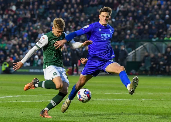 Plymouth Argyle forward Ben Waine (23)  takes a shoot and misses the target  during the Sky Bet League 1 match Plymouth Argyle vs Cheltenham Town at Home Park, Plymouth, United Kingdom, 21st January 202