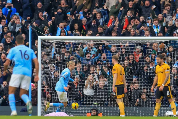 Erling Hland #9 of Manchester City celebrates his goal to make it 3-0 during the Premier League match Manchester City vs Wolverhampton Wanderers at Etihad Stadium, Manchester, United Kingdom, 22nd January 2023