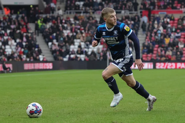 Riley McGree #8 of Middlesbrough on the ball during the Sky Bet Championship match Sunderland vs Middlesbrough at Stadium Of Light, Sunderland, United Kingdom, 22nd January 202
