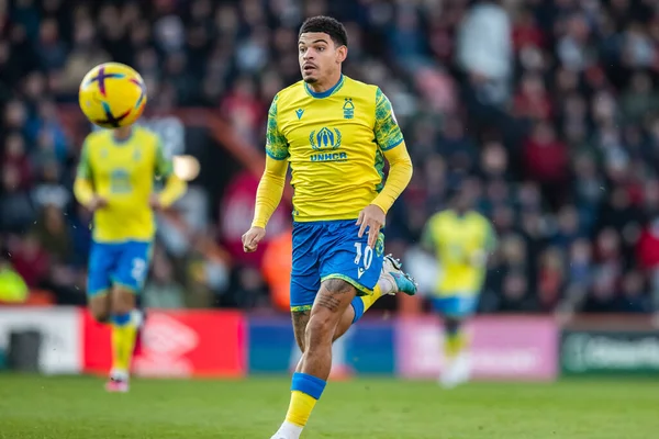 Morgan Gibbs-White #10 of Nottingham Forest looks to get to the ball first during the Premier League match Bournemouth vs Nottingham Forest at Vitality Stadium, Bournemouth, United Kingdom, 21st January 202
