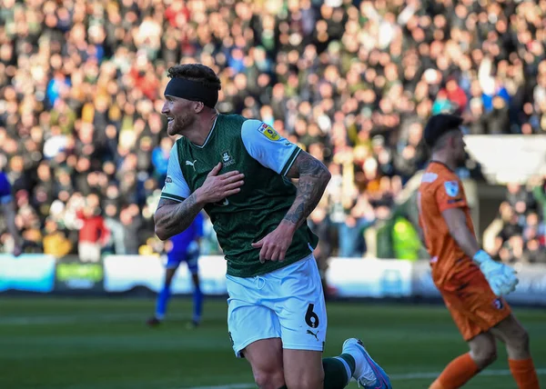 GOAL Plymouth Argyle defender Dan Scarr  (6) celebrates a goal to make it 1-0  during the Sky Bet League 1 match Plymouth Argyle vs Cheltenham Town at Home Park, Plymouth, United Kingdom, 21st January 202