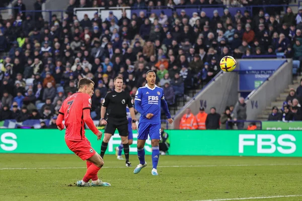 Solly March #7 of Brighton & Hove Albion skies the ball over the bar at close range during the Premier League match Leicester City vs Brighton and Hove Albion at King Power Stadium, Leicester, United Kingdom, 21st January 202