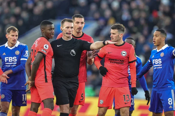 Referee Thomas Bramall waves away a Brighton penalty shout during the Premier League match Leicester City vs Brighton and Hove Albion at King Power Stadium, Leicester, United Kingdom, 21st January 202