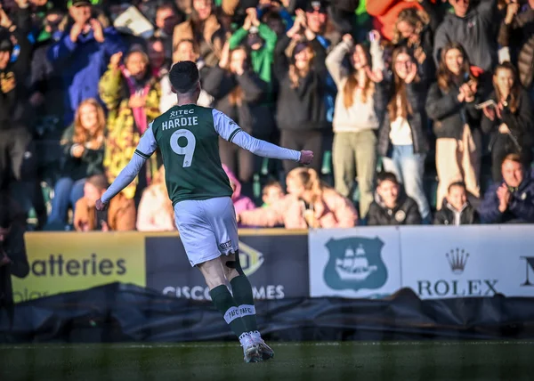 GOAL Plymouth Argyle forward Ryan Hardie  (9) celebrates a goal to make it 2-0    during the Sky Bet League 1 match Plymouth Argyle vs Cheltenham Town at Home Park, Plymouth, United Kingdom, 21st January 202