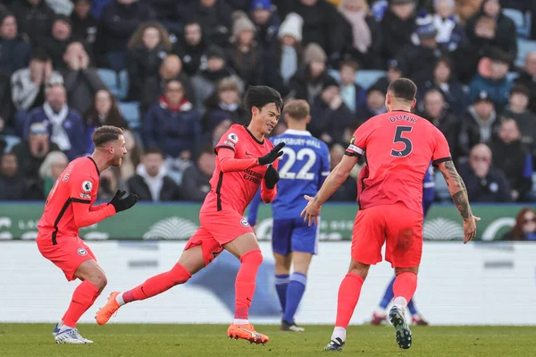 Kaoru Mitoma #22 of Brighton & Hove Albion celebrates his goal to make it 0-1 during the Premier League match Leicester City vs Brighton and Hove Albion at King Power Stadium, Leicester, United Kingdom, 21st January 202