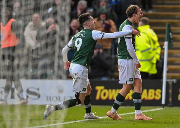 GOAL Plymouth Argyle midfielder Callum Wright (26)  celebrates a goal with Plymouth Argyle forward Ryan Hardie  (9) to make it 3-1  during the Sky Bet League 1 match Plymouth Argyle vs Cheltenham Town at Home Park, Plymouth, United Kingdom, 21st Janu