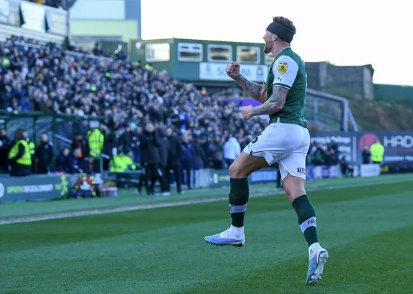 GOAL Plymouth Argyle defender Dan Scarr  (6) celebrates a goal to make it 1-0  during the Sky Bet League 1 match Plymouth Argyle vs Cheltenham Town at Home Park, Plymouth, United Kingdom, 21st January 202