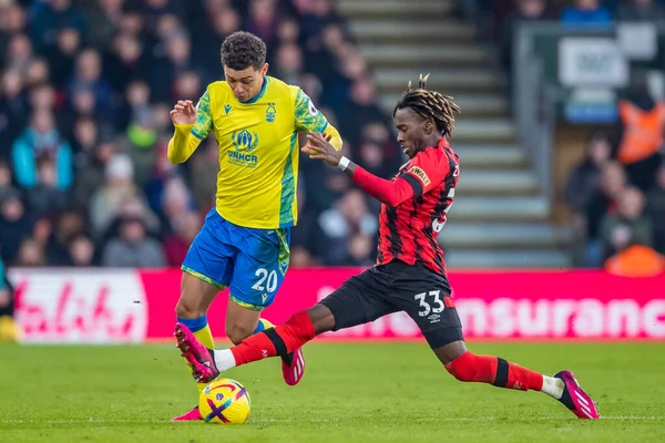 Brennan Johnson #20 of Nottingham Forest skips over a challenge during the Premier League match Bournemouth vs Nottingham Forest at Vitality Stadium, Bournemouth, United Kingdom, 21st January 202
