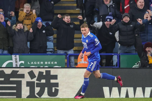 Harvey Barnes #7 of Leicester City celebrates his goal to make it 2-1 during the Premier League match Leicester City vs Brighton and Hove Albion at King Power Stadium, Leicester, United Kingdom, 21st January 202