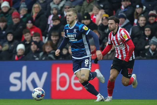 Riley McGree #8 of Middlesbrough on the ball during the Sky Bet Championship match Sunderland vs Middlesbrough at Stadium Of Light, Sunderland, United Kingdom, 22nd January 202