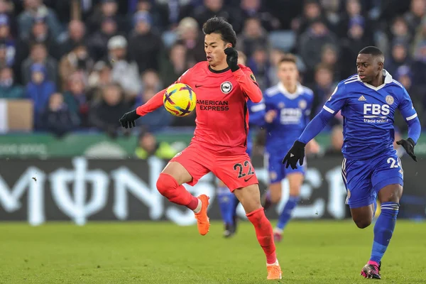 Kaoru Mitoma #22 of Brighton & Hove Albion controls the ball during the Premier League match Leicester City vs Brighton and Hove Albion at King Power Stadium, Leicester, United Kingdom, 21st January 202