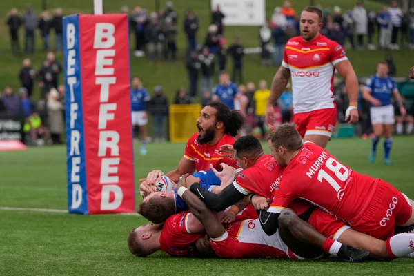 Scott Taylor #30 of Hull FC is held up over the line by Sheffield Eagles  defenders during the Rugby League Pre Season match Sheffield Eagles vs Hull FC at Sheffield Olympic Legacy Park, Sheffield, United Kingdom, 22nd January 202
