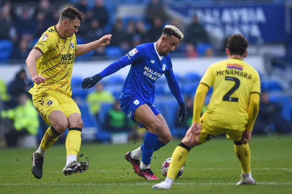Callum Robinson #47 of Cardiff City under pressure from Jake Cooper #5 and Dan McNamara #2 of Millwall during the Sky Bet Championship match Cardiff City vs Millwall at Cardiff City Stadium, Cardiff, United Kingdom, 21st January 202
