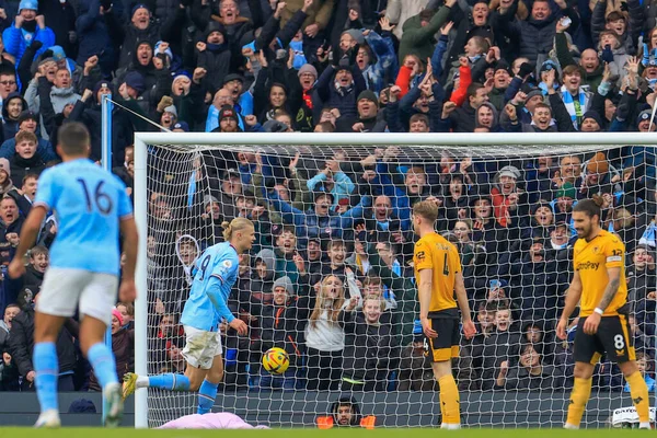 Erling Hland #9 of Manchester City celebrates his goal to make it 3-0 during the Premier League match Manchester City vs Wolverhampton Wanderers at Etihad Stadium, Manchester, United Kingdom, 22nd January 2023