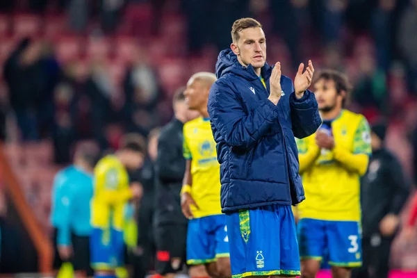 Chris Wood #39 of Nottingham Forest applauds the travelling support after the Premier League match Bournemouth vs Nottingham Forest at Vitality Stadium, Bournemouth, United Kingdom, 21st January 202