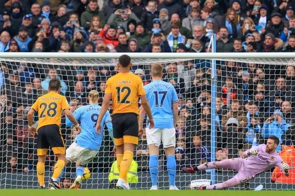 Erling Hland #9 of Manchester City scores a goal to make it 2-0 during the Premier League match Manchester City vs Wolverhampton Wanderers at Etihad Stadium, Manchester, United Kingdom, 22nd January 2023