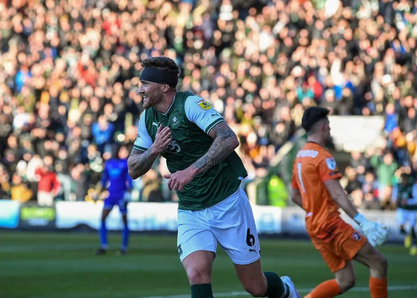 GOAL Plymouth Argyle defender Dan Scarr  (6) celebrates a goal to make it 1-0  during the Sky Bet League 1 match Plymouth Argyle vs Cheltenham Town at Home Park, Plymouth, United Kingdom, 21st January 202
