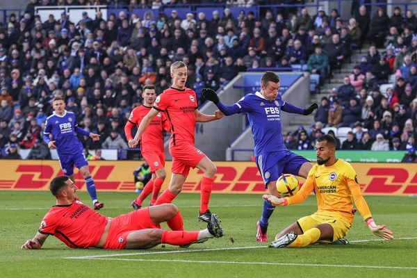 Robert Snchez #1 of Brighton & Hove Albion saves the ball as Jamie Vardy #9 of Leicester City challenges during the Premier League match Leicester City vs Brighton and Hove Albion at King Power Stadium, Leicester, United Kingdom, 21st January 2023