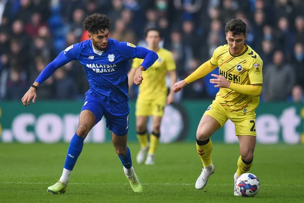 Dan McNamara #2 of Millwall under pressure from Kion Etete #9 of Cardiff City  during the Sky Bet Championship match Cardiff City vs Millwall at Cardiff City Stadium, Cardiff, United Kingdom, 21st January 202