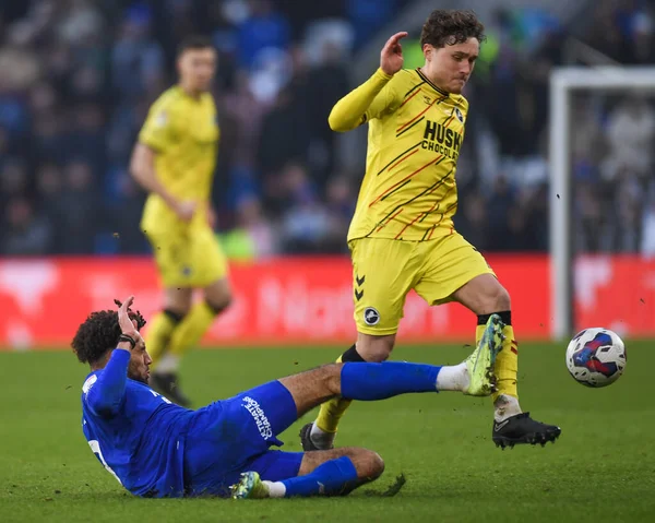Callum Styles #17 of Millwall fouled by Kion Etete #9 of Cardiff City  during the Sky Bet Championship match Cardiff City vs Millwall at Cardiff City Stadium, Cardiff, United Kingdom, 21st January 202