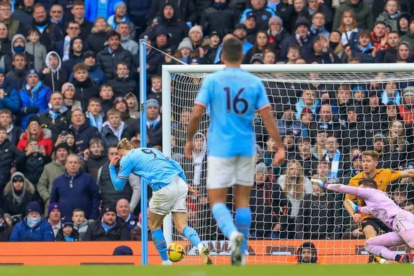Erling Hland #9 of Manchester City scores a goal to make it 3-0 during the Premier League match Manchester City vs Wolverhampton Wanderers at Etihad Stadium, Manchester, United Kingdom, 22nd January 2023