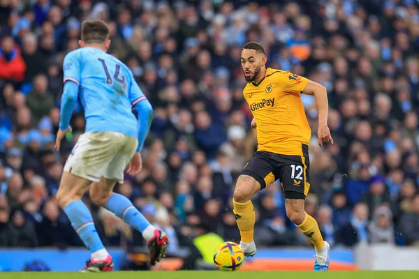 Matheus Cunha #12 of Wolverhampton Wanderers passes the ball during the Premier League match Manchester City vs Wolverhampton Wanderers at Etihad Stadium, Manchester, United Kingdom, 22nd January 202