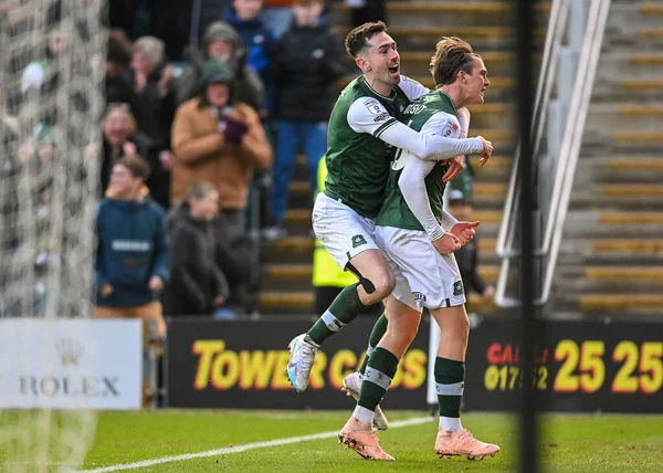 GOAL Plymouth Argyle midfielder Callum Wright (26)  celebrates a goal with Plymouth Argyle forward Ryan Hardie  (9) to make it 3-1  during the Sky Bet League 1 match Plymouth Argyle vs Cheltenham Town at Home Park, Plymouth, United Kingdom, 21st Janu
