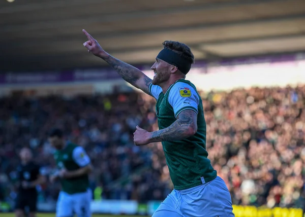 GOAL Plymouth Argyle defender Dan Scarr  (6) celebrates a goal to make it 1-0  during the Sky Bet League 1 match Plymouth Argyle vs Cheltenham Town at Home Park, Plymouth, United Kingdom, 21st January 202