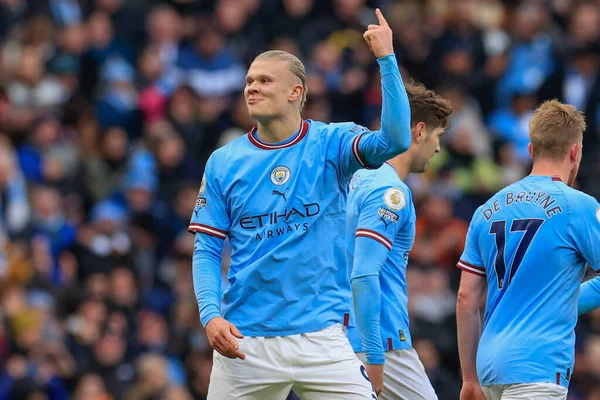 Erling Hland #9 of Manchester City celebrates his goal to make it 1-0 during the Premier League match Manchester City vs Wolverhampton Wanderers at Etihad Stadium, Manchester, United Kingdom, 22nd January 2023