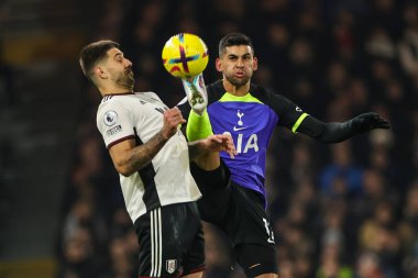 Cristian Romero #17 of Tottenham Hotspur with a high footed challenge during the Premier League match Fulham vs Tottenham Hotspur at Craven Cottage, London, United Kingdom, 23rd January 202