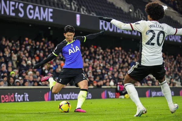 Son Heung-Min #7 of Tottenham Hotspur in action during the Premier League match Fulham vs Tottenham Hotspur at Craven Cottage, London, United Kingdom, 23rd January 202