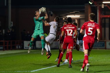 Toby Savin #40 of Accrington Stanley claims the cross ahead of Josh Rees #7 of Boreham Wood during the Emirates FA Cup Third Round Replay match Accrington Stanley vs Boreham Wood at Wham Stadium, Accrington, United Kingdom, 24th January 202