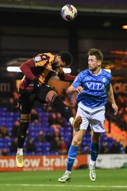 Vadaine Oliver #19 of Bradford City wins a header against Neill Byrne #5 of Stockport County during the Sky Bet League 2 match Stockport County vs Bradford City at Edgeley Park Stadium, Stockport, United Kingdom, 24th January 202
