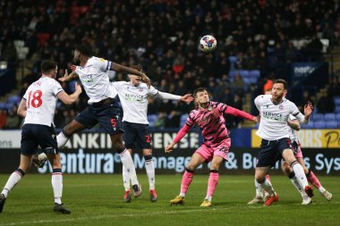 Josh March #28 of Forest Green Rovers headers towards goal during the Sky Bet League 1 match Bolton Wanderers vs Forest Green Rovers at University of Bolton Stadium, Bolton, United Kingdom, 24th January 202