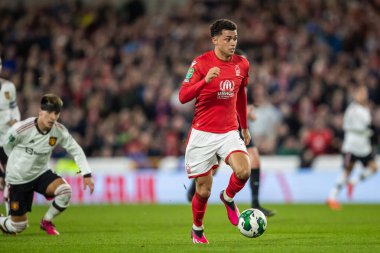 Brennan Johnson #20 of Nottingham Forest runs with the ball during the Carabao Cup Semi-Finals match Nottingham Forest vs Manchester United at City Ground, Nottingham, United Kingdom, 25th January 202