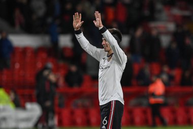 Lisandro Martnez #6 of Manchester United celebrates the win during the Carabao Cup Semi-Finals match Nottingham Forest vs Manchester United at City Ground, Nottingham, United Kingdom, 25th January 2023