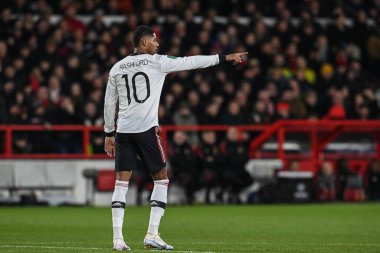 Marcus Rashford #10 of Manchester United gives his team instructions during the Carabao Cup Semi-Finals match Nottingham Forest vs Manchester United at City Ground, Nottingham, United Kingdom, 25th January 202