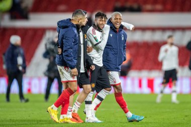 Fred #17 of Manchester United hugs Danilo #28 of Nottingham Forest after the Carabao Cup Semi-Finals match Nottingham Forest vs Manchester United at City Ground, Nottingham, United Kingdom, 25th January 202