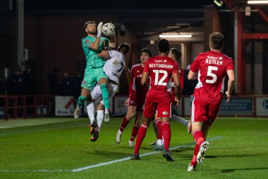 Toby Savin #40 of Accrington Stanley claims the cross ahead of Josh Rees #7 of Boreham Wood during the Emirates FA Cup Third Round Replay match Accrington Stanley vs Boreham Wood at Wham Stadium, Accrington, United Kingdom, 24th January 202