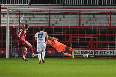 Tommy Leigh #8 of Accrington Stanley scores to make it 1-0 during the Emirates FA Cup Third Round Replay match Accrington Stanley vs Boreham Wood at Wham Stadium, Accrington, United Kingdom, 24th January 202