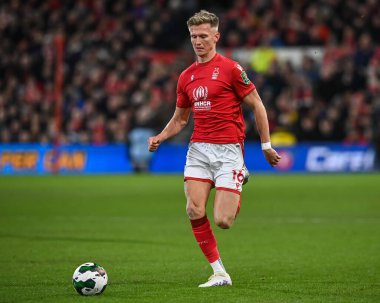 Sam Surridge #16 of Nottingham Forest makes a break with the ball during the Carabao Cup Semi-Finals match Nottingham Forest vs Manchester United at City Ground, Nottingham, United Kingdom, 25th January 202