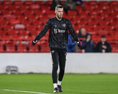 David De Gea #1 of Manchester United in the pregame warmup session during the Carabao Cup Semi-Finals match Nottingham Forest vs Manchester United at City Ground, Nottingham, United Kingdom, 25th January 202
