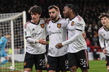 Bruno Fernandes #8 of Manchester United celebrates his goal to make it 0-3 with team mates during the Carabao Cup Semi-Finals match Nottingham Forest vs Manchester United at City Ground, Nottingham, United Kingdom, 25th January 202