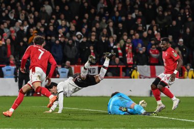 Wayne Hennessey #13 of Nottingham Forest saves a shot from Facundo Pellistri #28 of Manchester United during the Carabao Cup Semi-Finals match Nottingham Forest vs Manchester United at City Ground, Nottingham, United Kingdom, 25th January 202