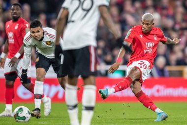 Danilo #28 of Nottingham Forest has a shot at goal during the Carabao Cup Semi-Finals match Nottingham Forest vs Manchester United at City Ground, Nottingham, United Kingdom, 25th January 202