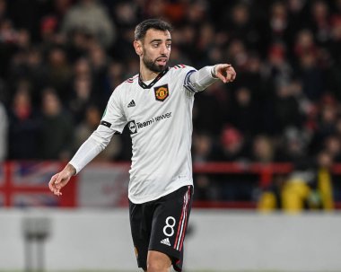 Bruno Fernandes #8 of Manchester United gives his team instructions during the Carabao Cup Semi-Finals match Nottingham Forest vs Manchester United at City Ground, Nottingham, United Kingdom, 25th January 202