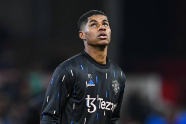 Marcus Rashford #10 of Manchester United during the pre-game warmup ahead of the Carabao Cup Semi-Finals match Nottingham Forest vs Manchester United at City Ground, Nottingham, United Kingdom, 25th January 202